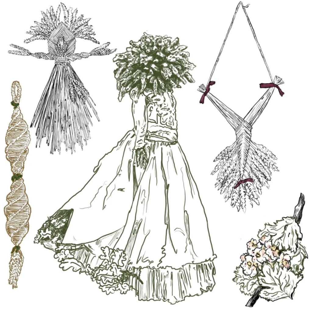 Several folk art inspired drawings in black, green and yellow lines.