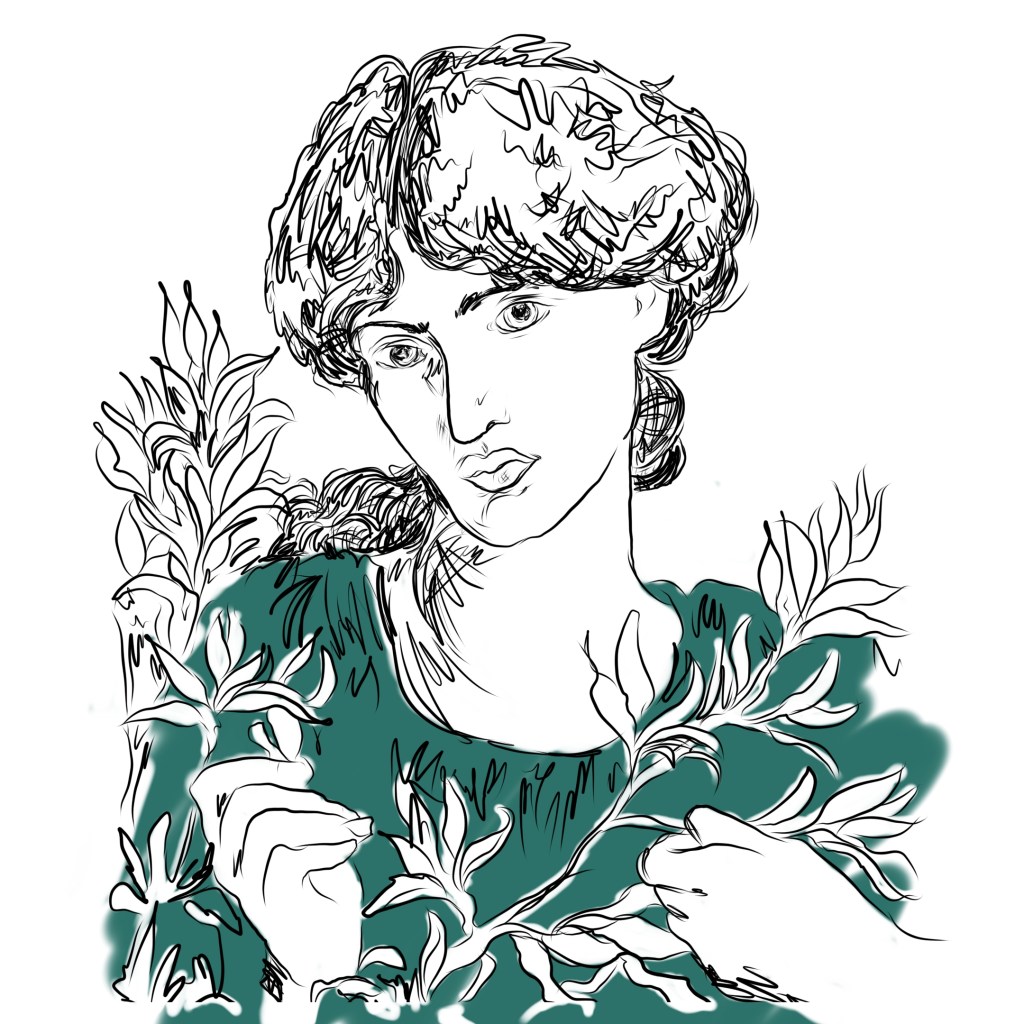 A line drawing of a woman with wavy hair, wearing a teal garment, holding branches with leaves. Inspired by a Rosetti painting of Jane Morris.