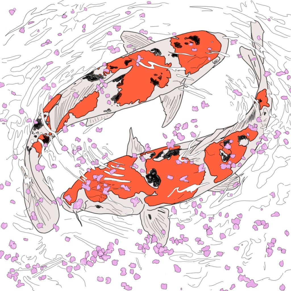 A drawing of two koi fish swimming amidst pink flower petals in a rippling water surface.