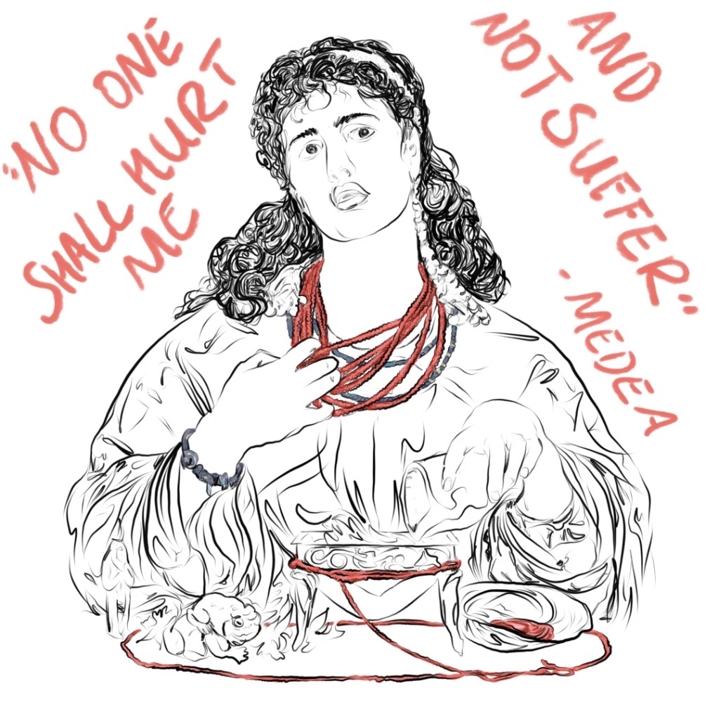 An illustration of a woman (Medea) with curly hair, grasping at her layered coral necklace. The text: 'NO ONE SHALL HURT ME AND NOT SUFFER - MEDEA' is written in stylized font.