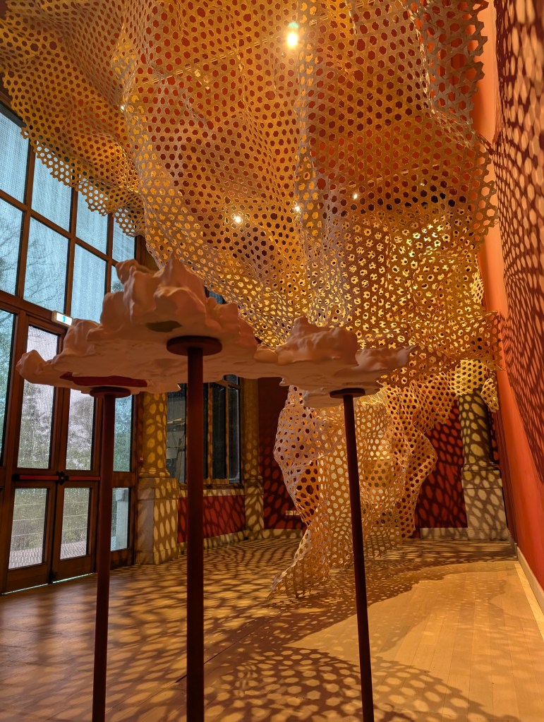 Interior of GBR exhibition at the British Pavillion. A woven net-like structure made of rattan represents the interior of a cave. The light from spotlights above casts star-shaped shadows across red walls.