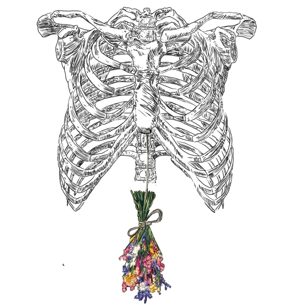 An artistic illustration of a human ribcage with a bouquet of colorful flowers hanging from the center.