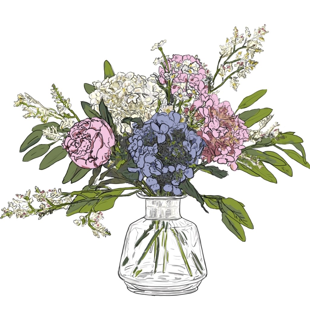 A hand-drawn illustration of a flower bouquet featuring peonies, hydrangeas, and various greens, arranged in a clear glass vase.